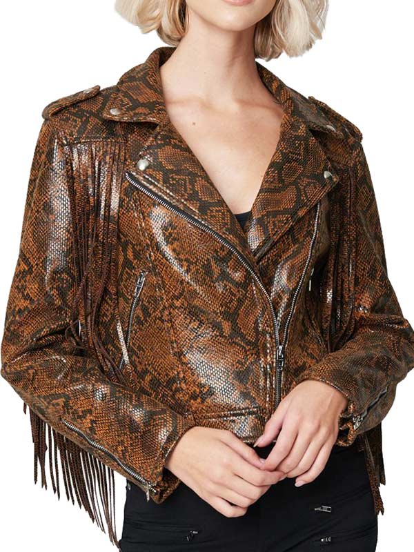 Womens Snake Skin Fringe Leather Jacket