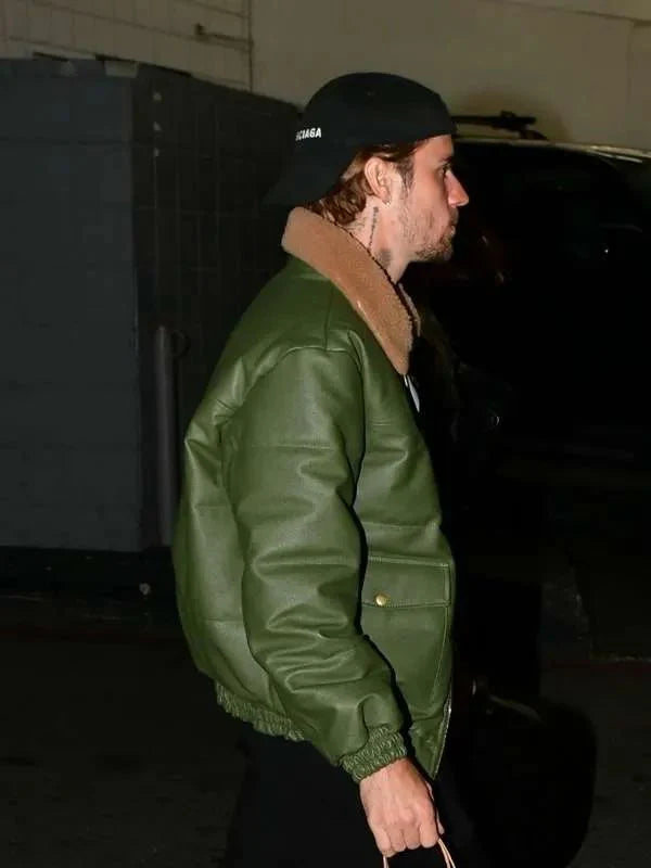 Justin Bieber Green Aviator Leather Jacket