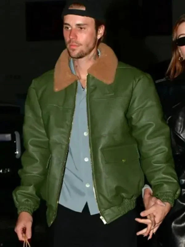 Justin Bieber Green Aviator Leather Jacket