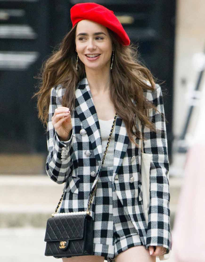 Lily Collins Emily In Paris Black & White Check Blazer