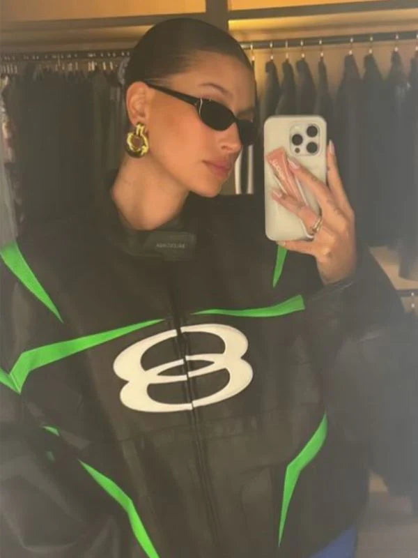 Hailey Bieber Racer Oversized Panelled Leather Jacket