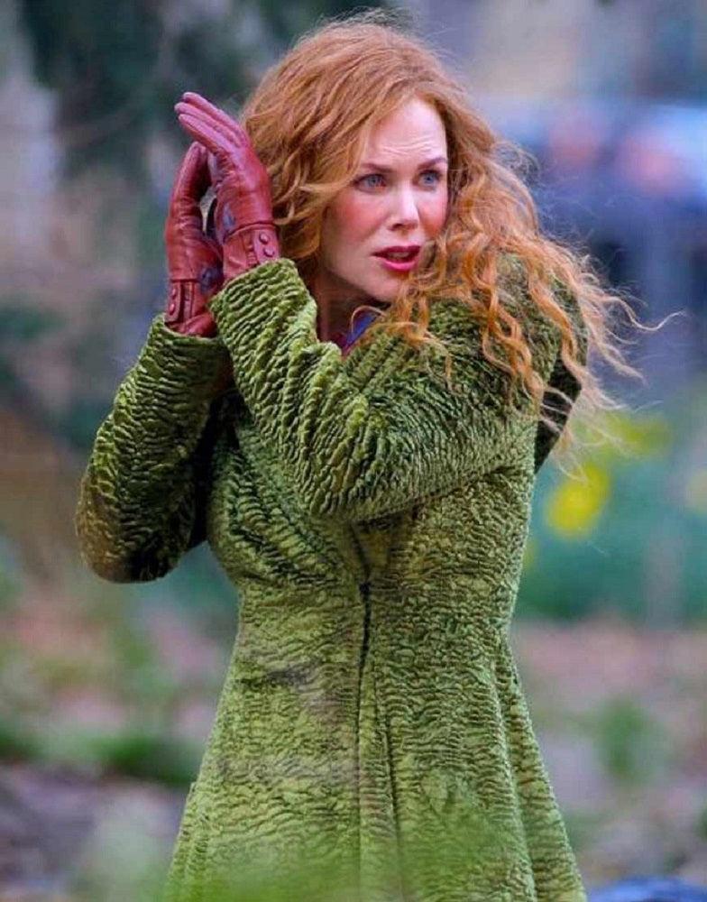 The Undoing Nicole Kidman Green Trench Coat, Velvet Textured Coat - PINESMAX