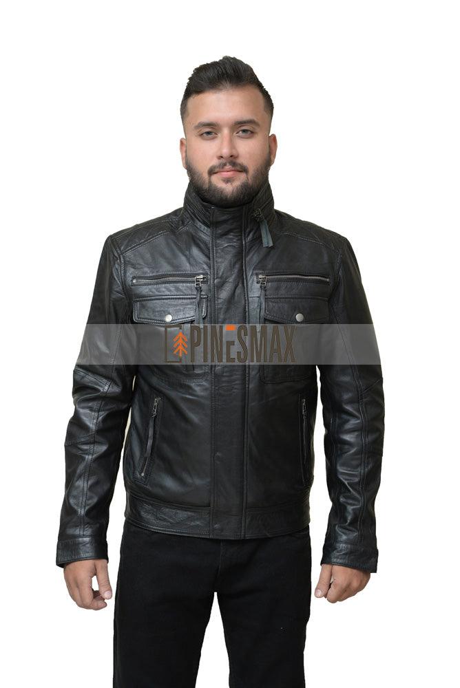 Eric Black Leather Jacket For Men with Removable Collar, Bomber Jacket