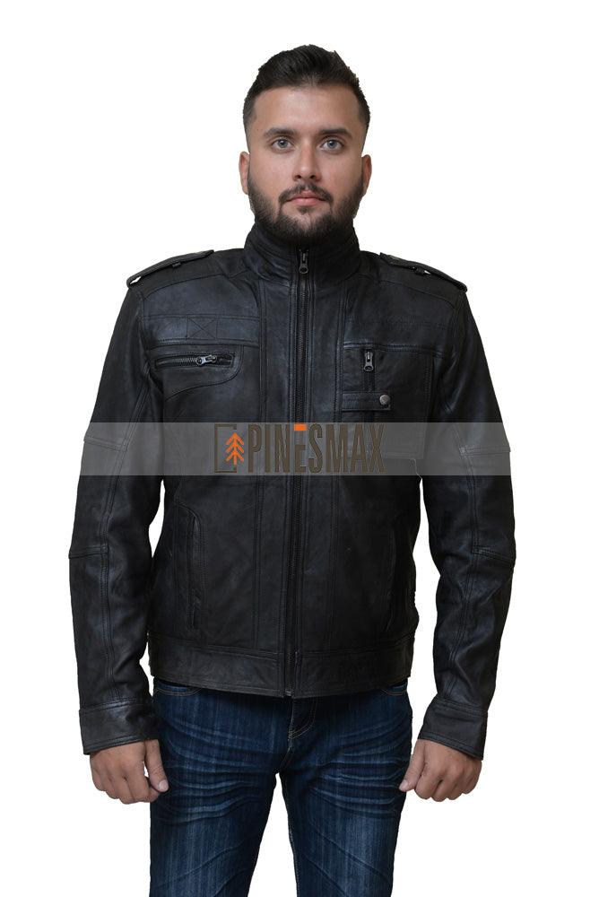 Tavares Mens Cafe Racer Black Leather Jacket - PINESMAX