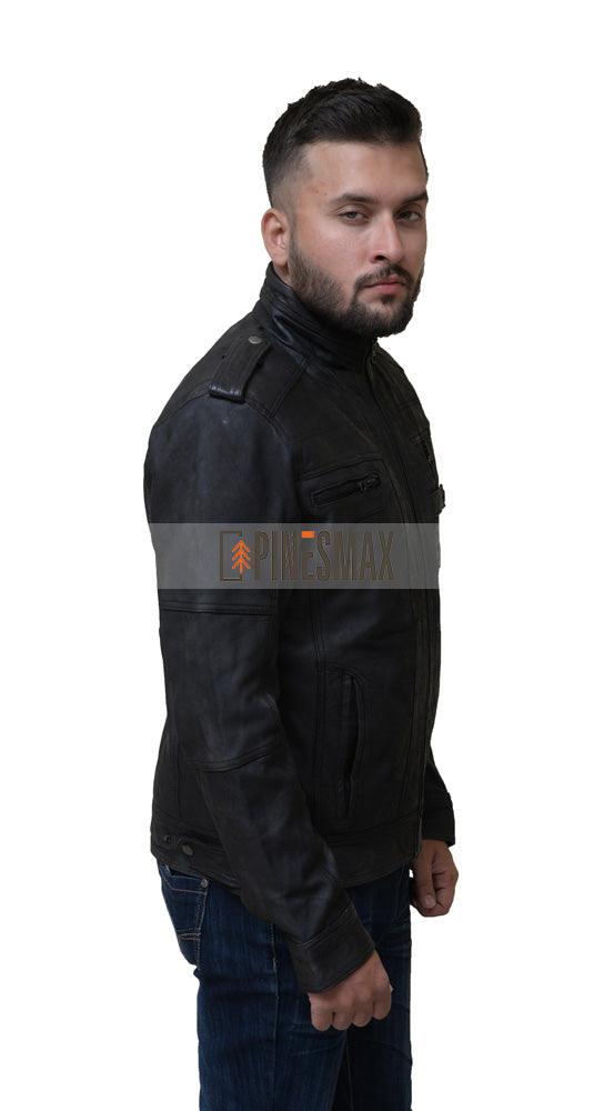 Tavares Mens Cafe Racer Black Leather Jacket - PINESMAX