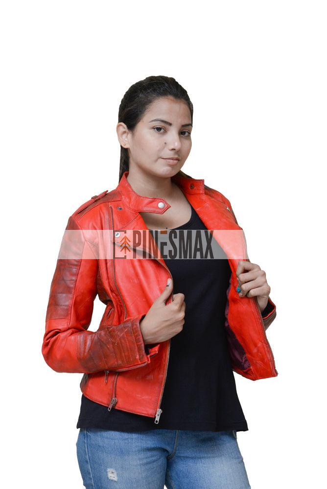 Womens Padded Asymmetrical Red Leather Moto Jacket