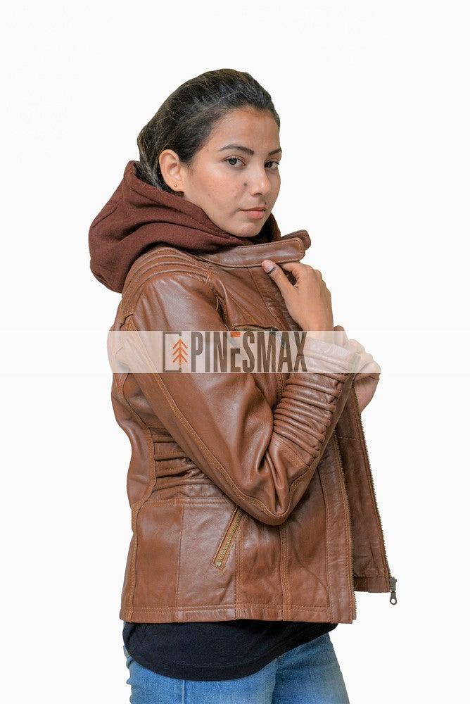 Zendaya Brown Hooded Motorcycle Leather Jacket For Womens - PINESMAX