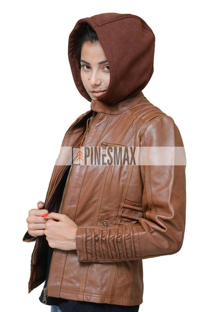 Zendaya Brown Hooded Motorcycle Leather Jacket For Womens - PINESMAX