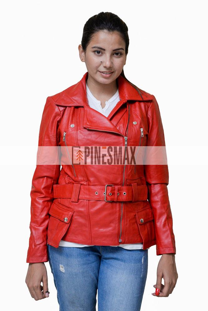 Emma Womens Red Belted Asymmetrical Biker Leather Jacket - PINESMAX