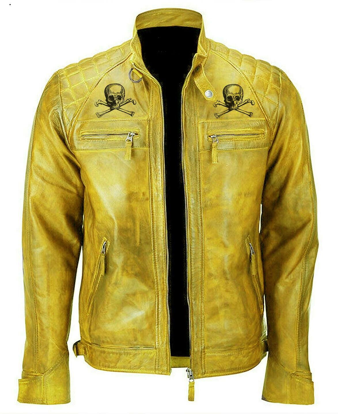 Men Yellow Cafe Racer Vintage Motorcycle Leather Jacket