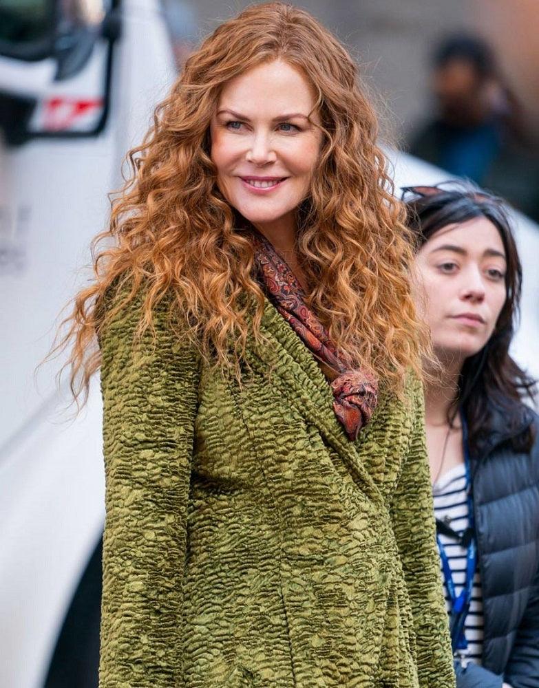 The Undoing Nicole Kidman Green Trench Coat, Velvet Textured Coat - PINESMAX