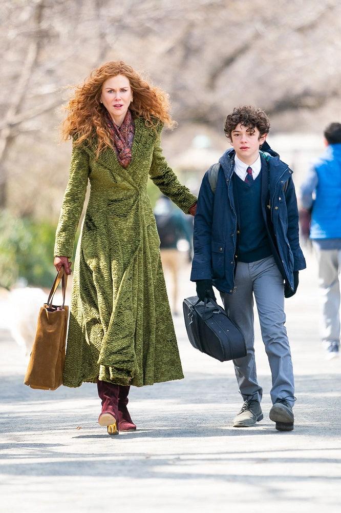 The Undoing Nicole Kidman Green Trench Coat, Velvet Textured Coat - PINESMAX