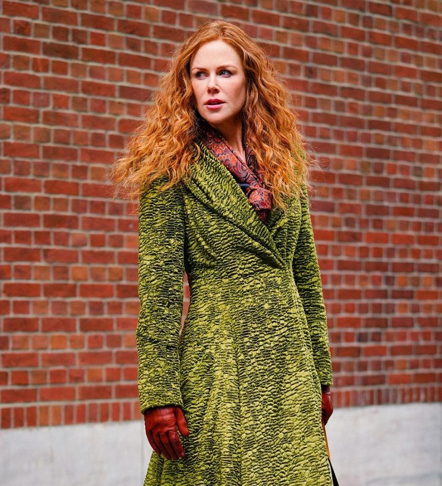 The Undoing Nicole Kidman Green Trench Coat, Velvet Textured Coat - PINESMAX