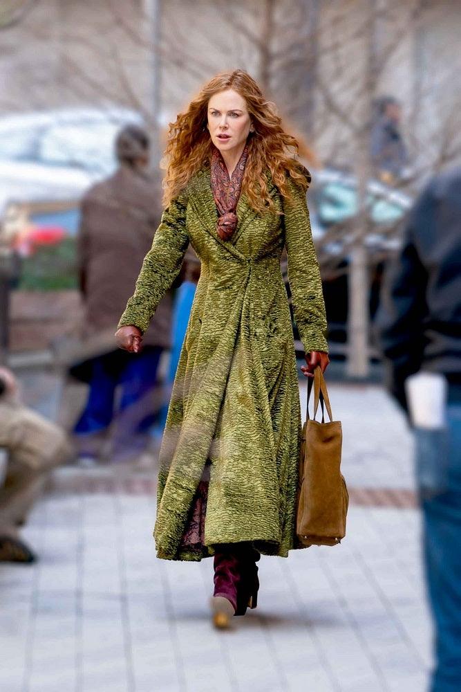 The Undoing Nicole Kidman Green Trench Coat, Velvet Textured Coat - PINESMAX