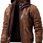 Men Brown Leather Bomber Jacket with Removable Hood - PINESMAX