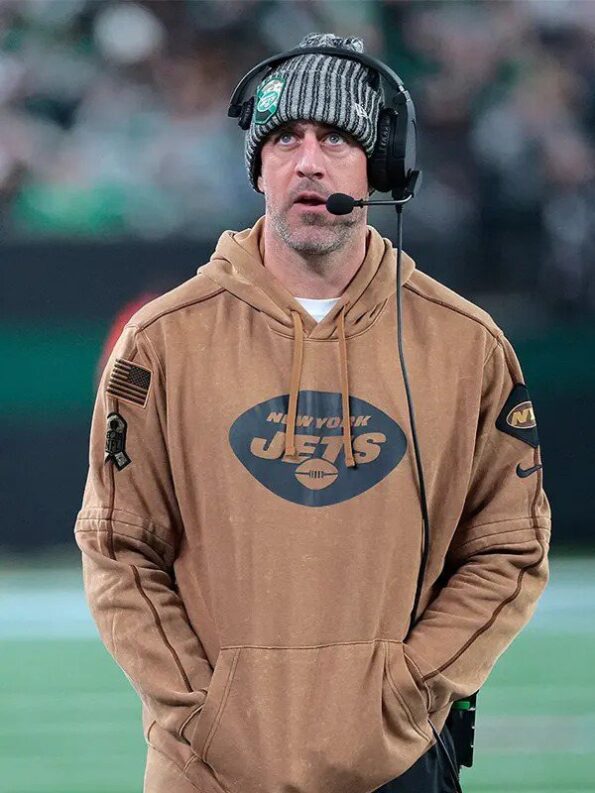 Aaron Rodgers New York Jets Brown Hoodie - PINESMAX