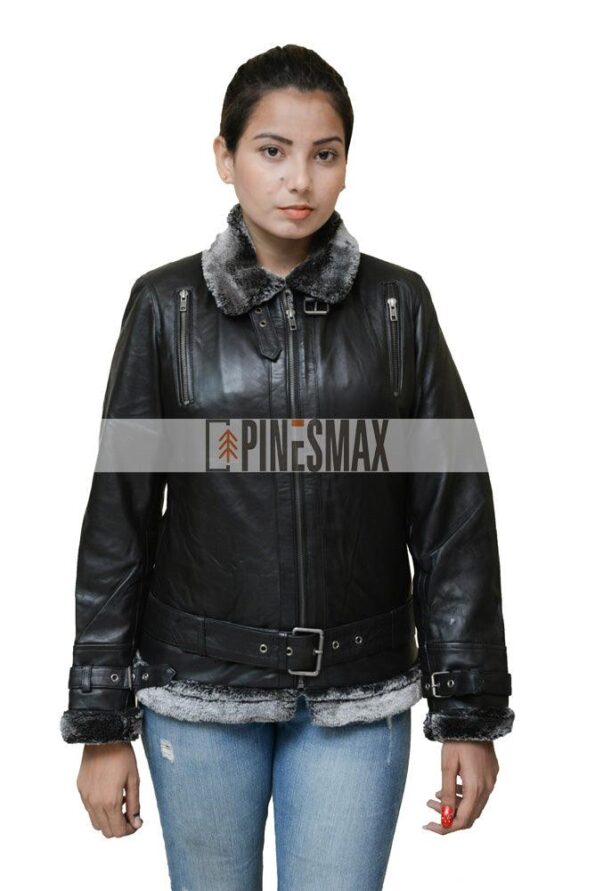 Eliana Women Shearling Black Leather Jacket - PINESMAX