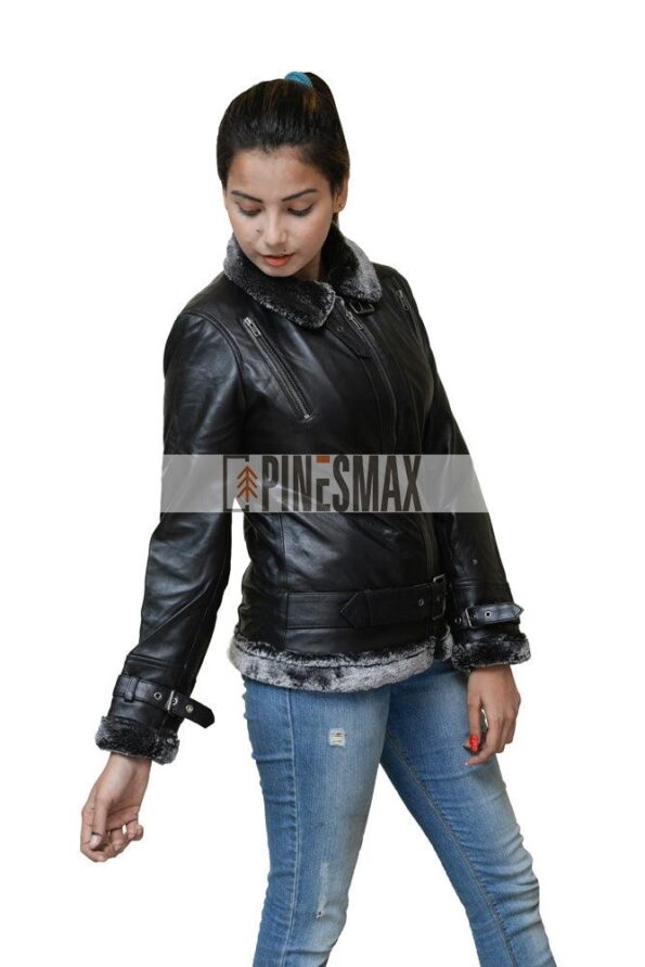 Eliana Women Shearling Black Leather Jacket - PINESMAX