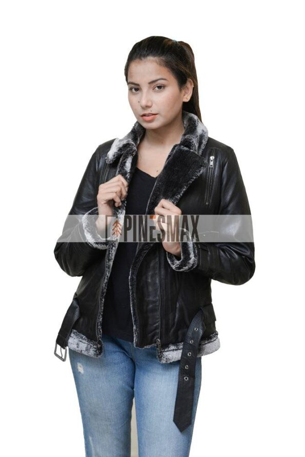 Eliana Women Shearling Black Leather Jacket - PINESMAX