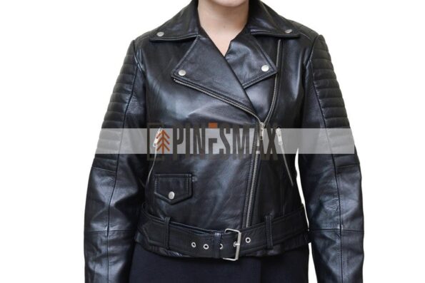 Lara Women Motorcycle Asymmetrical Belted Black Leather Jacket - PINESMAX