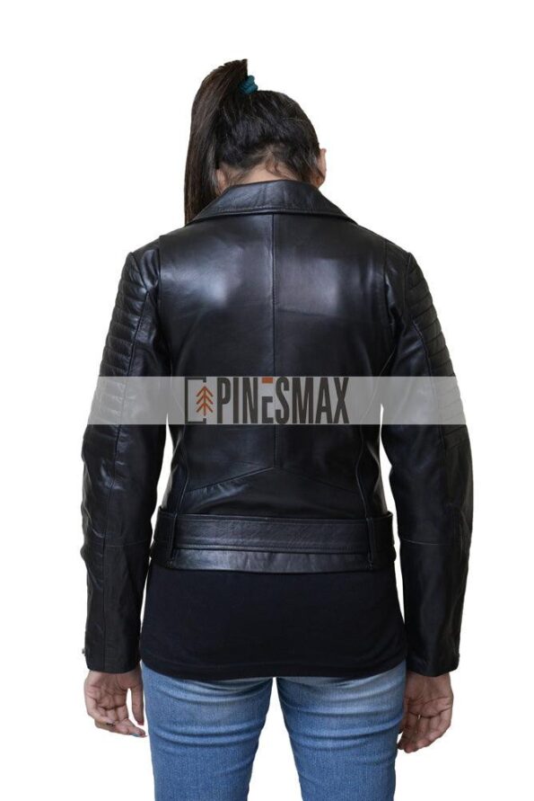 Lara Women Motorcycle Asymmetrical Belted Black Leather Jacket - PINESMAX