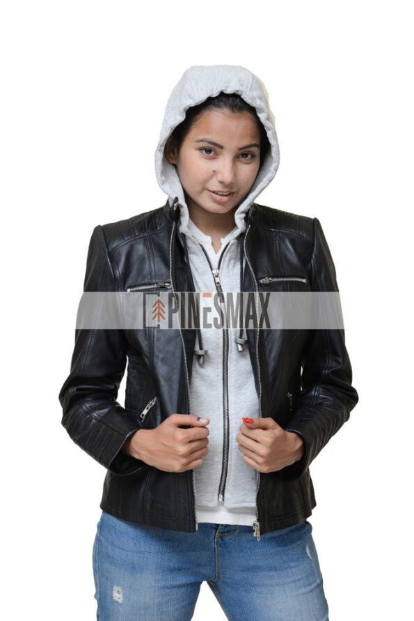 Amenda Womens Black Hooded Leather Jacket - PINESMAX