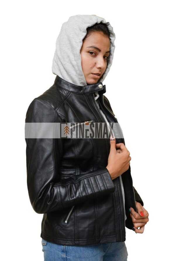 Amenda Womens Black Hooded Leather Jacket - PINESMAX