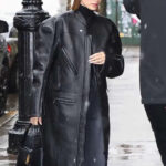 Hailey-Bieber-American-Model-2023-Black-Leather-Trench-Coat