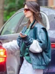 Emily-Ratajkowski-NYC-Oversized-Green-Leather-Jacket