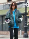 Emily-Ratajkowski-NYC-Oversized-Green-Leather-Jacket