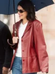 Kendall-Jenner-in-Paris-2025-Maroon-Leather-Jacket