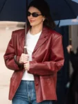Kendall-Jenner-in-Paris-2025-Maroon-Leather-Jacket